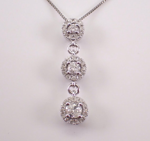 White Gold Diamond Pendant and Chain: Three Stone Dangle Charm Necklace