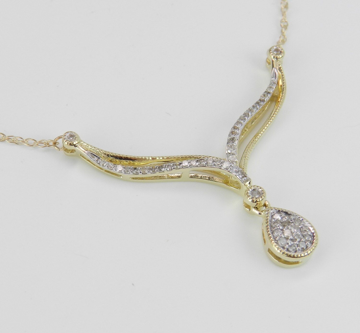 Diamond Lariat Necklace Cluster Pendant Yellow Gold Chain 18 Wedding
