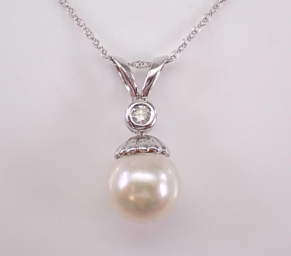 Pearl and Diamond Pendant and Chain - 14K White Gold Charm Choker Necklace - Dainty Dangle June Birthstone  Gift