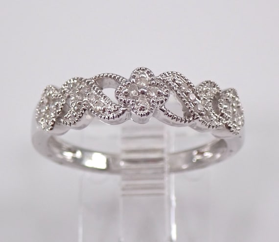 Diamond Flower Wedding Ring, 14K White Gold Floral Anniversary Band, Petite Stackable Right Hand Ring