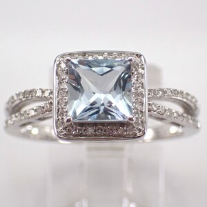 14K White Gold Aquamarine and Diamond Ring - Square Princess Cut Halo Engagement Setting - Aqua March Birthstone Jewelry Gift