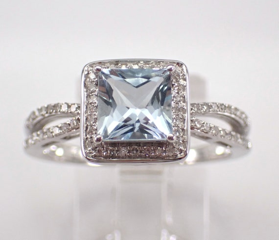14K White Gold Aquamarine and Diamond Ring - Square Princess Cut Halo Engagement Setting - Aqua March Birthstone Jewelry Gift