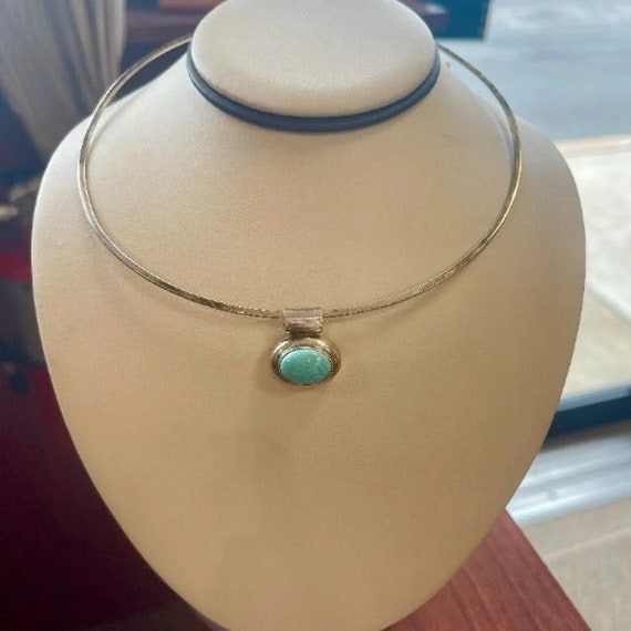 Vintage Turquoise Slide Pendant Choker, Unique Sterling Silver Necklace, Estate Bezel Set Solitaire, Jewelry Gift for Women