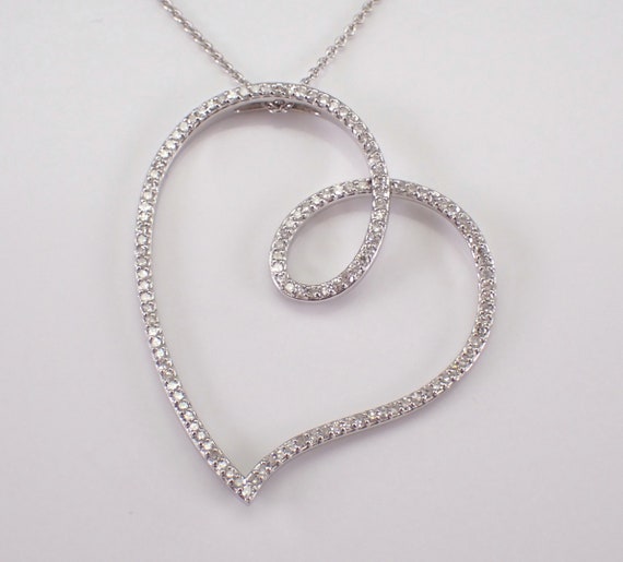 White Gold Diamond Heart Pendant - Large Slide Charm Necklace and Chain  - Unique Wedding Fine Jewelry Gift