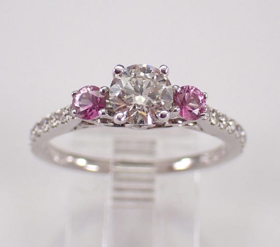 14K White Gold Diamond Engagement Ring - Pink Sapphire Three Stone Bridal Setting - Unique Wedding Jewelry Gift
