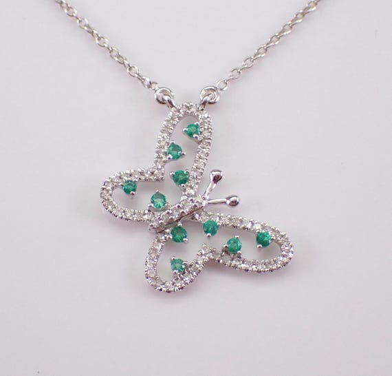 Emerald and Diamond Butterfly Charm Pendant - Dainty White Gold Station Necklace - May Birthstone Fine Jewelry Choker Chain