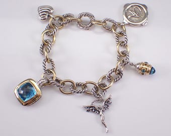 Vintage DAVID YURMAN Charm Bracelet - Estate 18K Yellow Gold and Sterling Silver Designer - 25th Anniversary Gemstone Braided Link