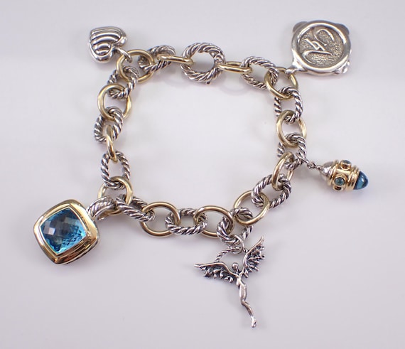 Vintage DAVID YURMAN Charm Bracelet - Estate 18K Yellow Gold and Sterling Silver Designer - 25th Anniversary Gemstone Braided Link