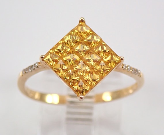 Yellow Sapphire and Diamond Ring, 14K Yellow Gold Square Cluster Ring, Unique Right Hand Anniversary Gift, GalaxyGems Jewelry