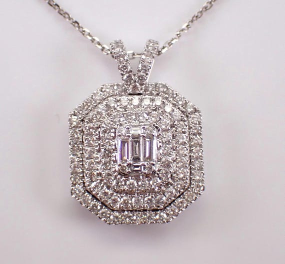 14K White Gold Diamond Pendant and Chain - Unique Cluster Halo Drop Necklace - GalaxyGems Bridal Fine Jewelry Gift