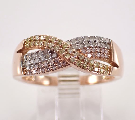 Tri Color Gold Diamond Wedding Ring - Crossover Yellow and Pink Diamond Band - Unique Stackable Bridal Jewelry Gift