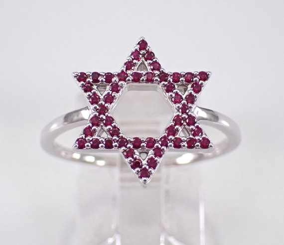 White Gold Ruby Star of David Ring - Unique Gemstone Magen Gift - Jewish Religious Hanukkah Gift