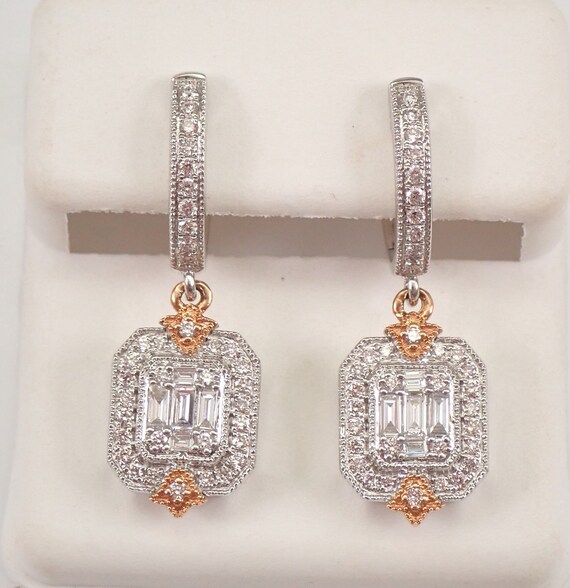 Diamond Dangle Earrings, 14K Two Tone Gold Emerald Cut Cluster, Everyday Hoop Dangle Drop, GalaxyGems Fine Jewelry Gift