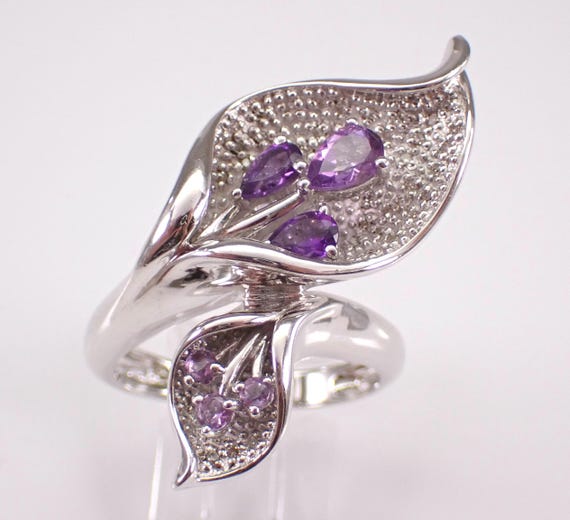 Vintage Sterling Silver Calla Lily Ring: Bypass Amethyst and Diamond Flower Band