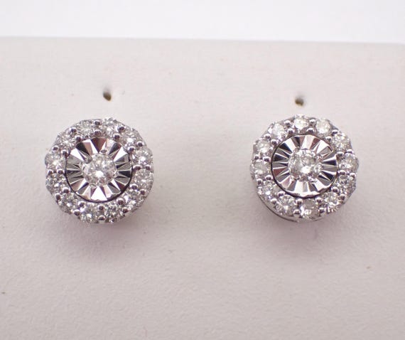 14K White Gold Diamond Stud Earrings - Dainty Cluster Halo Screwback Studs