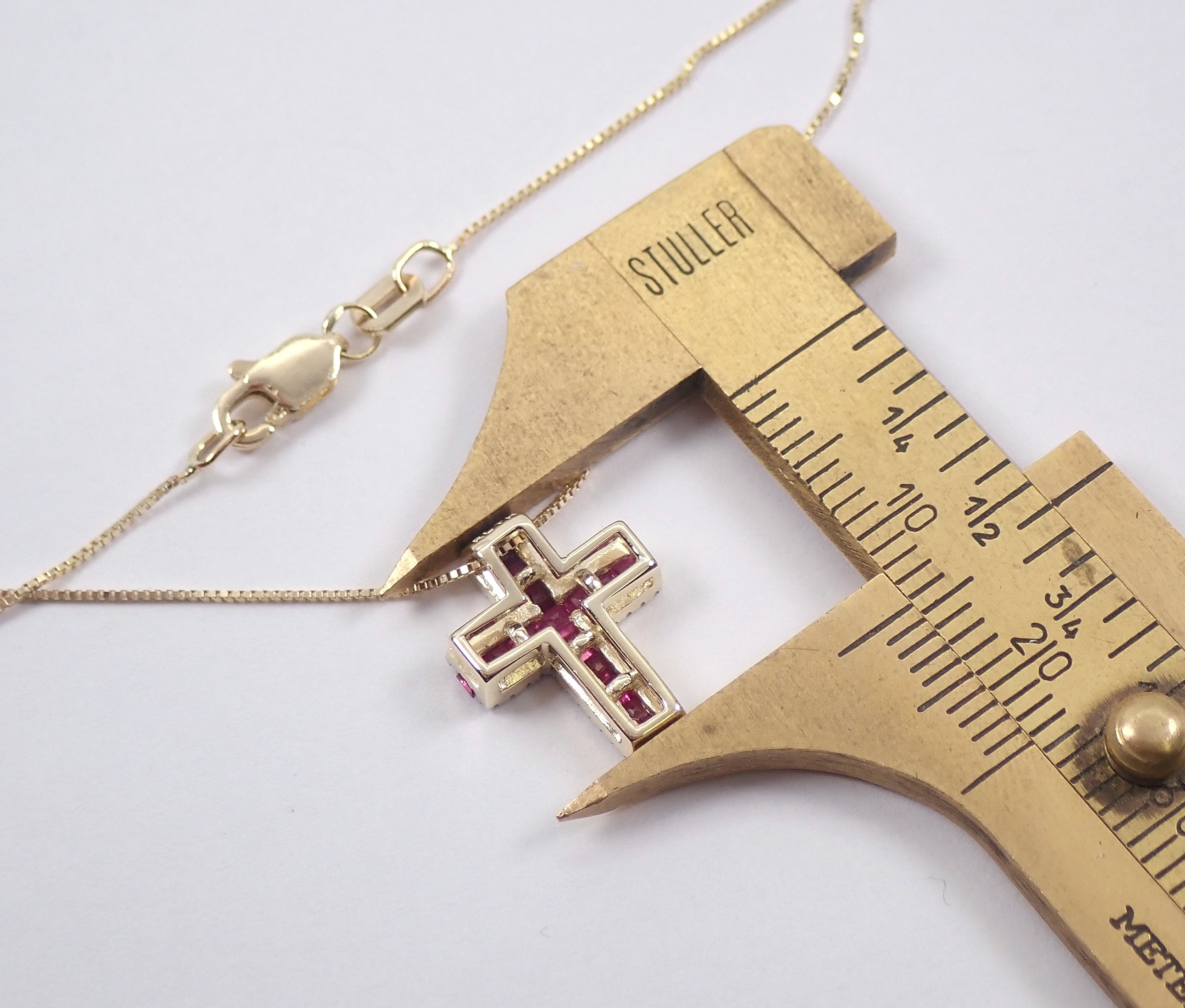 Diamond and Ruby Cross Pendant Necklace 18 Chain 14K Yellow Gold