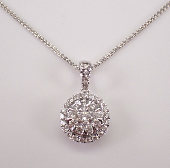 14K White Gold Diamond Necklace - Solitaire Halo Charm Pendant and Chain - GalaxyGems Bridal Fine Jewelry Gift