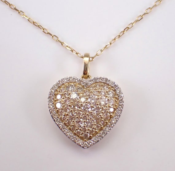 Yellow Gold Diamond Heart Pendant and Chain - Puffy Cluster Charm Necklace - GalaxyGems Bridal Fine Jewelry Gift