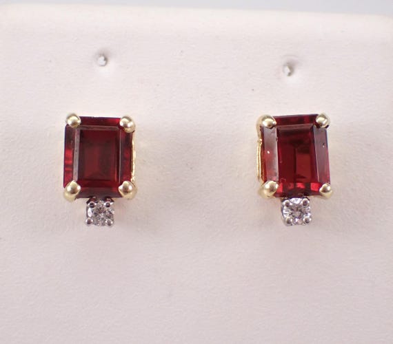 Emerald Cut Garnet and Diamond Stud Earrings - Solid 14K Yellow Gold Dainty Gemstone Studs - Unique Vintage Fine Jewelry Gift