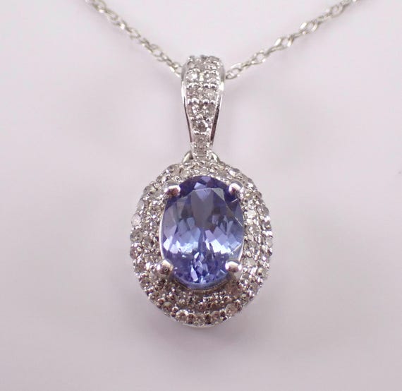 14K White Gold Tanzanite Necklace - Dainty Diamond Halo Pendant and Chain - Purple Gemstone Jewelry Gift