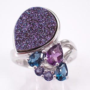 Vintage Sterling Silver Druzy Ring - Purple Gemstone Teardrop Band - GalaxyGems Unique Estate Jewelry Gift