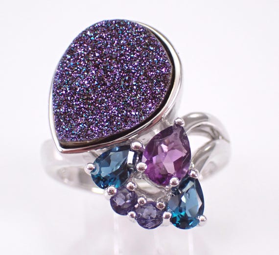 Vintage Sterling Silver Druzy Ring - Purple Gemstone Teardrop Band - GalaxyGems Unique Estate Jewelry Gift