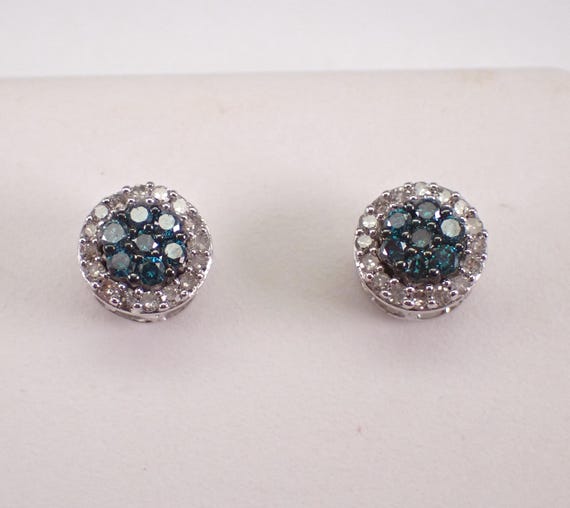 White Gold Blue Diamond Stud Earrings: Fancy Dainty Halo Cluster Studs
