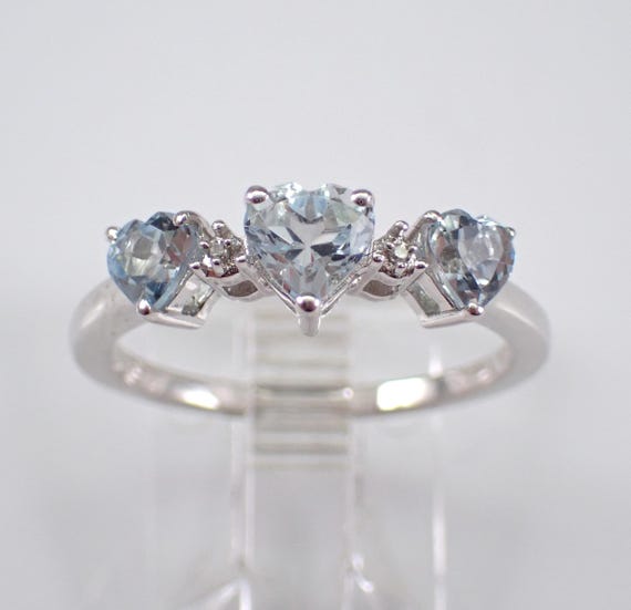 Heart Aquamarine and Diamond Promise Ring - White Gold Three Stone Setting - Gemstone Bridal Fine Jewelry Gift