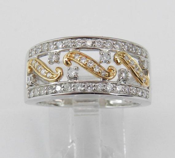 Genuine Diamond Anniversary Band - Two Tone Gold Wedding Ring - Stackable Right Hand Ring