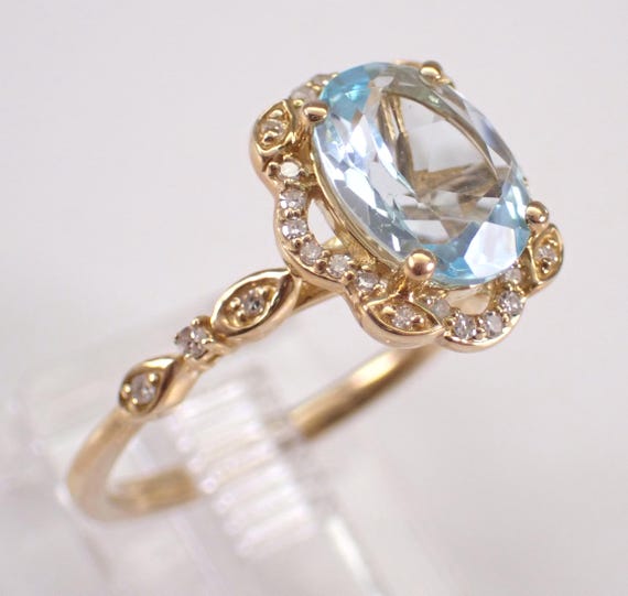 Yellow Gold Blue Topaz and Diamond Engagement Ring: Dainty Bridal Halo Gemstone Setting