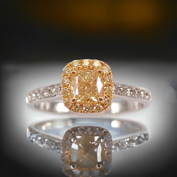 Genuine Yellow Diamond Ring, Cushion Cut Canary Diamond, 18K Gold Halo Engagement Ring, Fancy Colored Bridal Jewelry