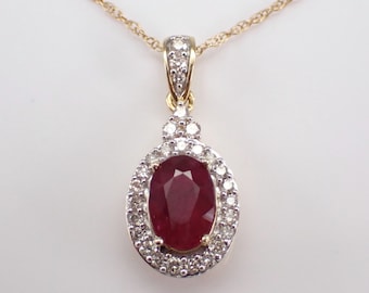 Ruby and Diamond Halo Necklace - Yellow Gold Gemstone Pendant and Chain - July Birthstone Fine Jewelry Gift