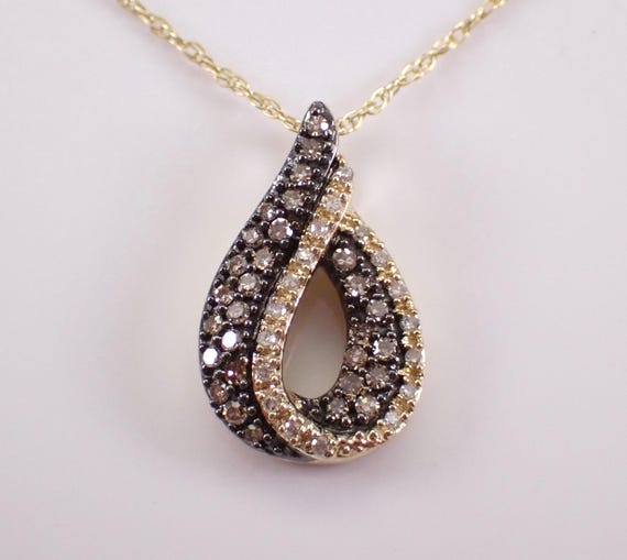 Yellow Gold Brown Diamond Teardrop Pendant and Chain: Dainty Slide Charm Necklace