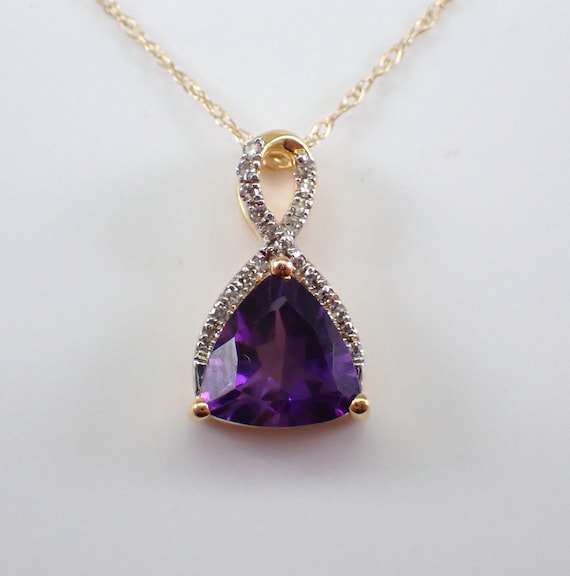 Trillion Amethyst and Diamond Necklace, Yellow Gold Gemstone Charm Pendant, February Birthstone Gift