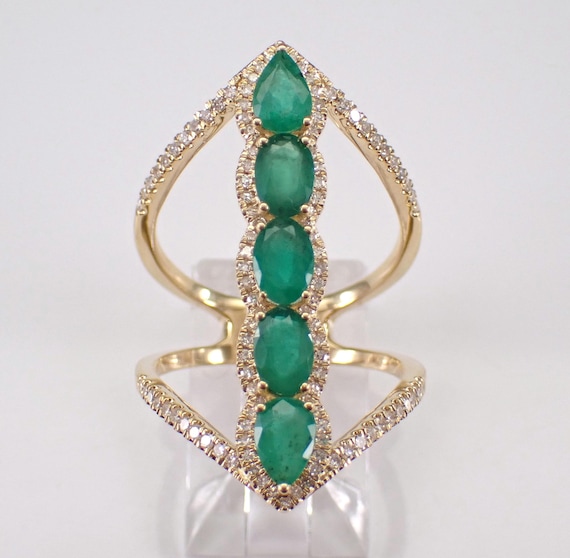 14K Yellow Gold Emerald and Diamond Ring - Elongated Anniversary Bridge Band - Unique GalaxyGems Gemstone Jewelry Gift