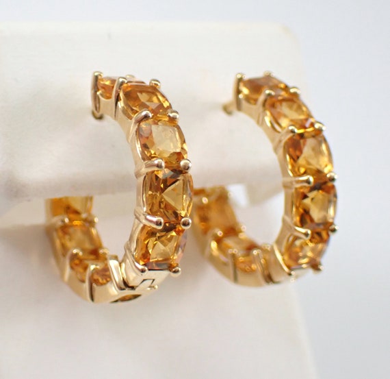 Cushion Cut Citrine Hoop Earrings - Yellow Gold Gemstone Huggies - November Birthstone Fine Jewelry Gift