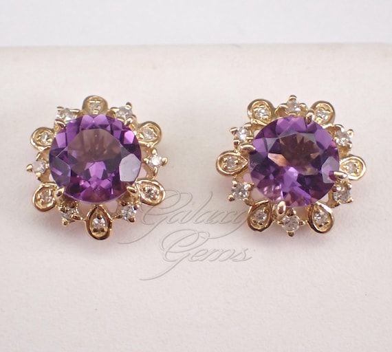 Yellow Gold Amethyst Stud Earrings: Dainty Diamond Halo Setting