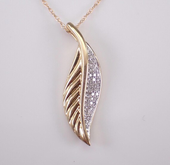 Diamond Leaf Pendant and Chain, Unique Yellow Gold Choker Charm Necklace, Symbolic Feather Jewelry Gift