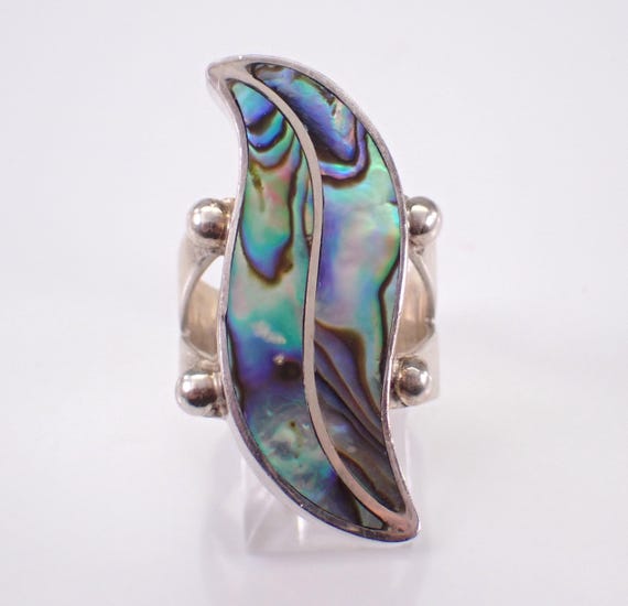 Vintage Sterling Silver Abalone Ring - Estate Chunky Adjustable Sajen Band - Unique Antique Jewelry Gift