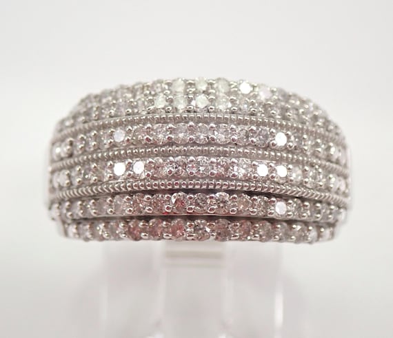 14K White Gold Diamond Wedding Ring - Wide Multi Row Anniversary Band - Unique Cocktail Right Hand Jewelry Gift