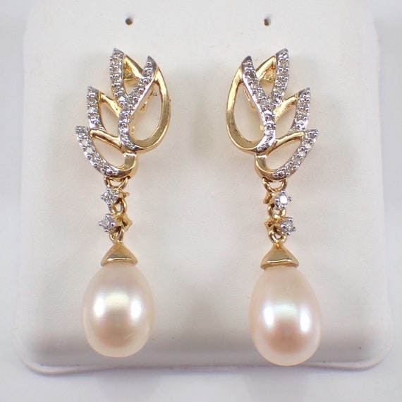 Pearl and Diamond Dangle Earrings - Yellow Gold Fine Jewelry Wedding Anniversary Gift - June Birthstone Gemstone