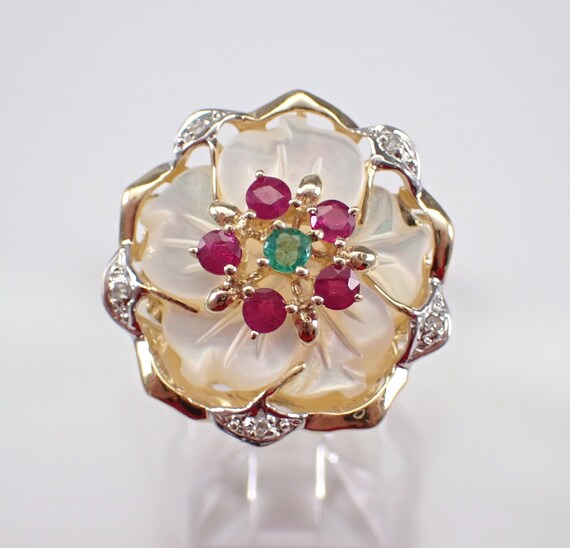 Vintage Mother of Pearl Flower Ring - 14K Yellow Gold Diamond Halo Setting - Estate Ruby and Emerald Gemstone Jewelry Gift