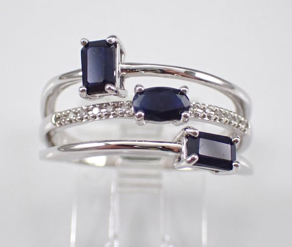 Sapphire and Diamond Multi Row Ring, 14K White Gold Wedding Anniversary Band, Blue Gemstone Jewelry Gift