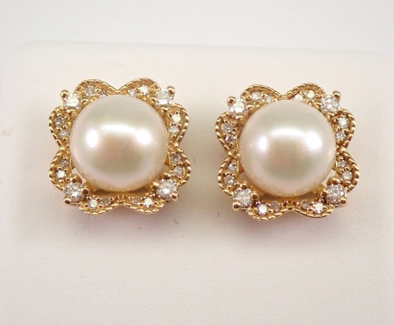 Yellow Gold Pearl Stud Earrings - Dainty Diamond Halo Setting - June Birthday Snowflake Studs