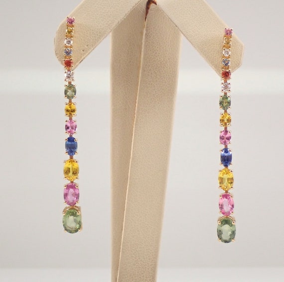 Genuine Multi Color Sapphire Earrings,  Solid 18K Yellow Gold Dangle Earrings,  Unique Colorful Fine Jewelry