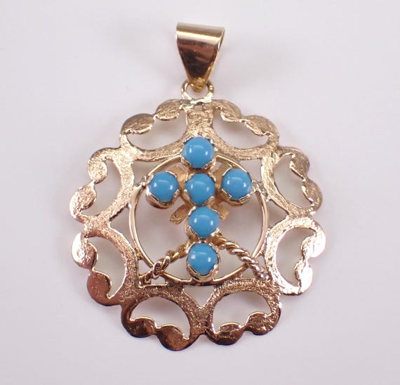 14k Yellow Gold Turquoise Cross Pendant - Vintage Estate Religious Charm - Gemstone Fine Jewelry Gift