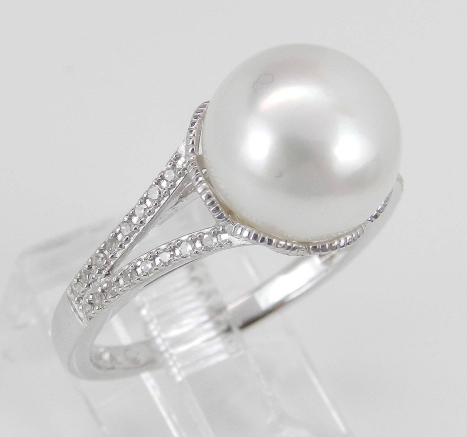 Pearl and Diamond Engagement Promise Ring 14K White Gold June