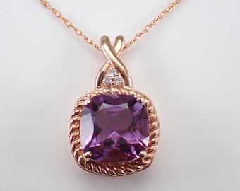 Cushion Cut Amethyst Pendant and Chain - Rose Gold Diamond Drop Choker Necklace - February Birthstone Fine Jewelry Gift