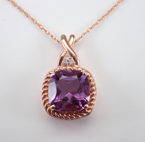 Cushion Cut Amethyst Pendant and Chain - Rose Gold Diamond Drop Choker Necklace - February Birthstone Fine Jewelry Gift