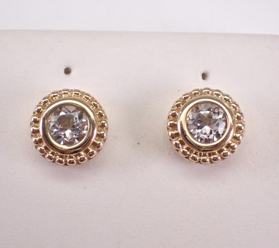 Yellow Gold Aquamarine Stud Earrings - Dainty Beaded Gemstone Studs - Unique Little Jewelry Gift